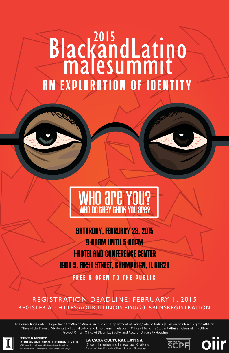 2015 BLMS poster featuring set of eyes peering from behind round glasses and a red abstract pattern background