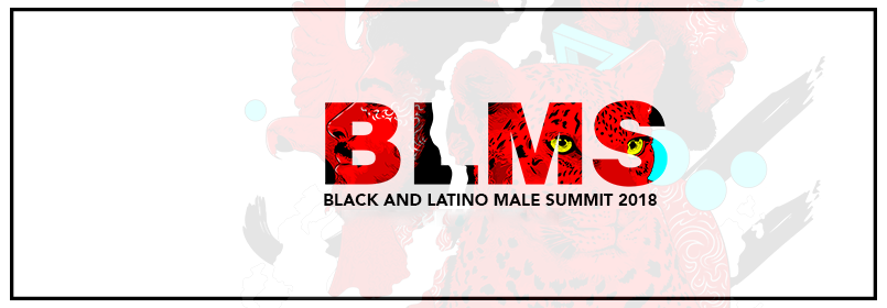 BLMS header graphic with abstract red, black and blue pattern