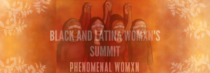 BLWS banner graphic with illustration of four women blindfolded and holding hands raised with grungy orange background and floral overlays in corners