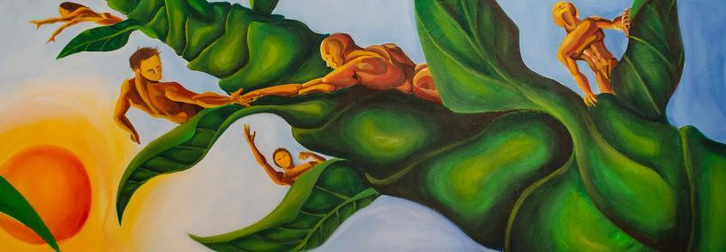 Mural painting of several figures climbing a plant stalk and reaching to each other with a bright orange sun in the background