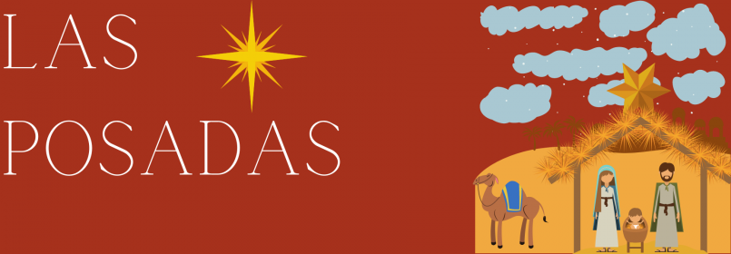 Las Posadas banner graphic with illustrated scene of two figures and baby in a manger with red background color and large star