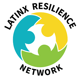 Latinx Resilience Network logo featuring simplified blue, green, and yellow figure shapes arranged to form a circle