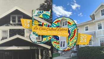 Photo of La Casa Cultural Latina Exterior at 510 E. Chalmers & 1203 W. Nevada Street with a number 50 lthat reads 'La Casa Cultural Latina Mi Casa, Tu Casa, La Casa 1974-2024'