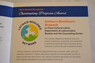 Closeup view of 2014 Awards program with information about the Latina/o Resilience Network